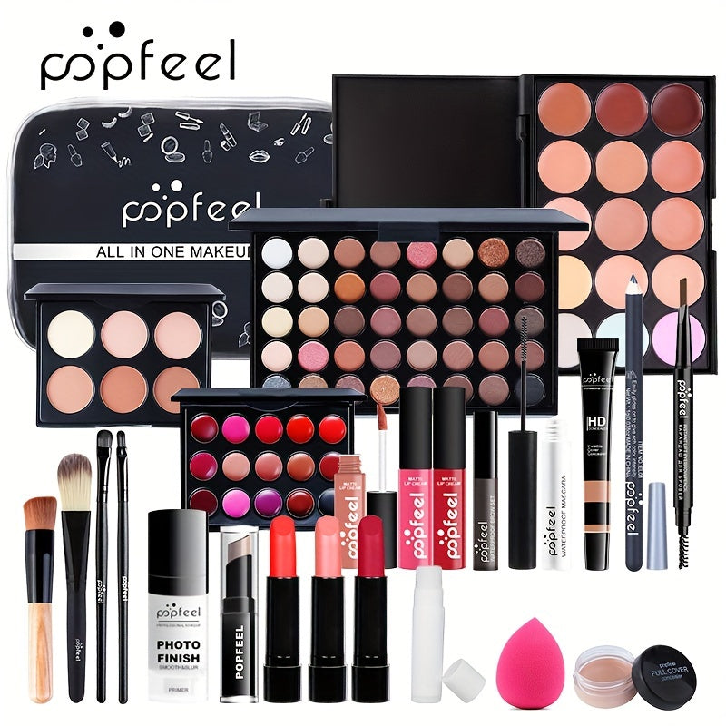 1 Set POPFEEL Complete Makeup Kit for Beginners - All-in-One Cosmetic Gift Set with Eyeshadow Palette, Lipsticks, Foundation, Eyebrow Pencil, Eyeliner, Brushes, and Makeup Bag - Versatile Shades for Everyday Look