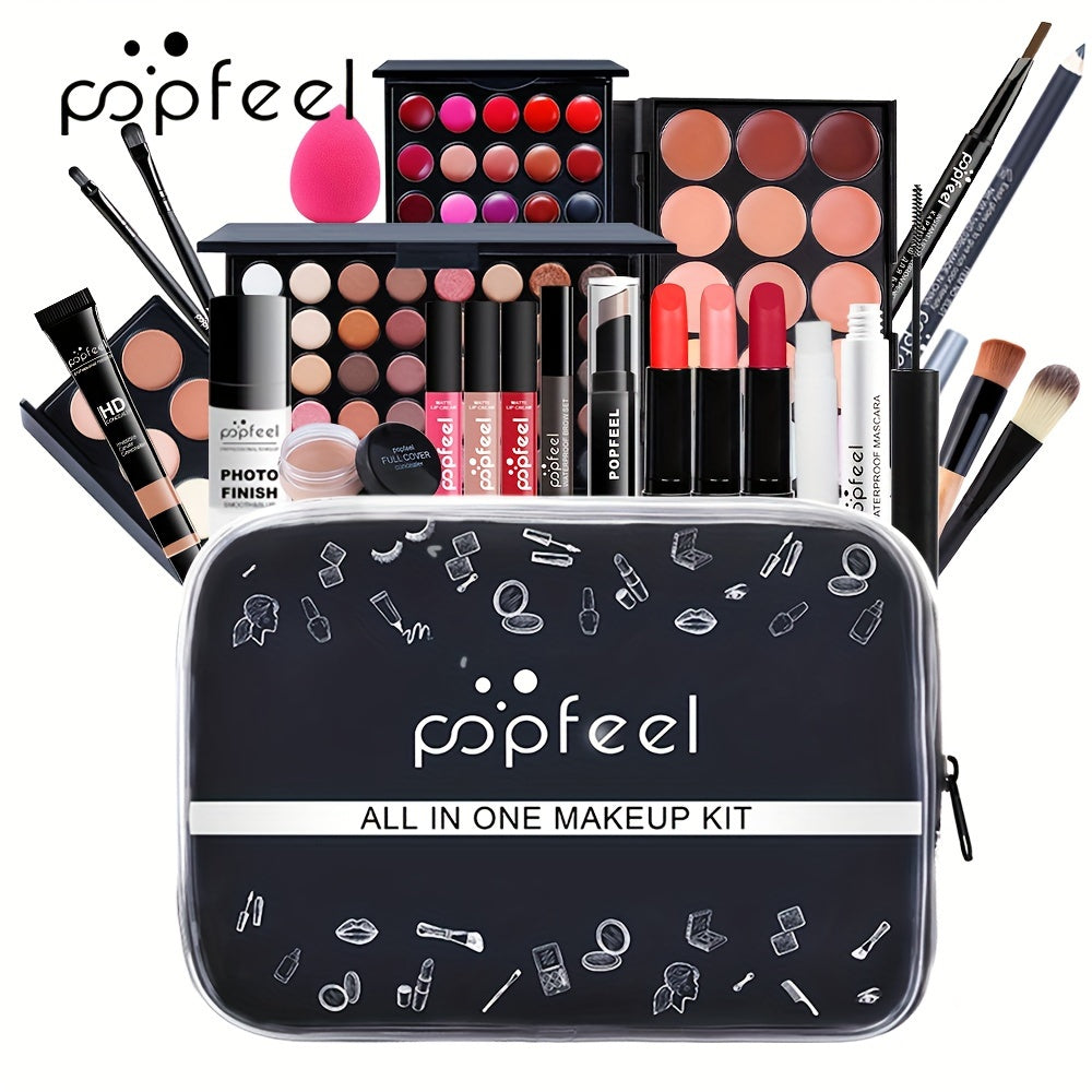 1 Set POPFEEL Complete Makeup Kit for Beginners - All-in-One Cosmetic Gift Set with Eyeshadow Palette, Lipsticks, Foundation, Eyebrow Pencil, Eyeliner, Brushes, and Makeup Bag - Versatile Shades for Everyday Look