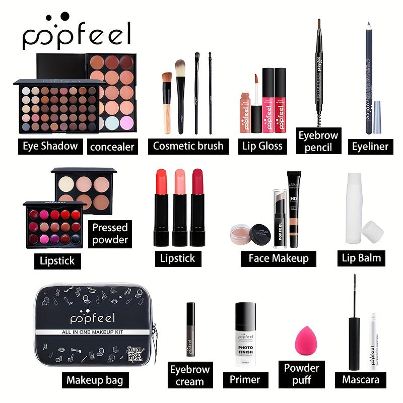 1 Set POPFEEL Complete Makeup Kit for Beginners - All-in-One Cosmetic Gift Set with Eyeshadow Palette, Lipsticks, Foundation, Eyebrow Pencil, Eyeliner, Brushes, and Makeup Bag - Versatile Shades for Everyday Look